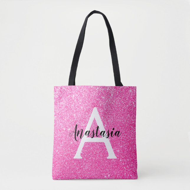 Girly Glam Hot Pink Glitter Sparkles Monogram Name Tote Bag (Front)