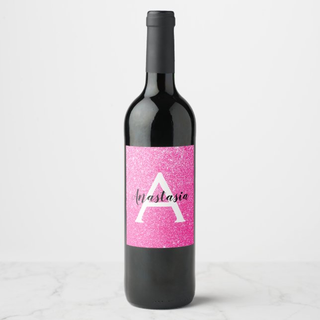 Girly Glam Hot Pink Glitter Sparkles Monogram Name Wine Label (Front)