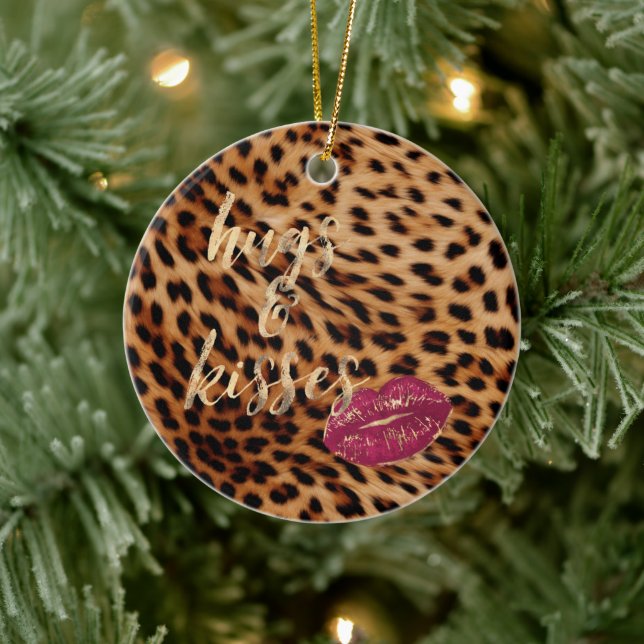 Girly Glam Leopard Hugs & Kisses Lips Ceramic Ornament (Tree)