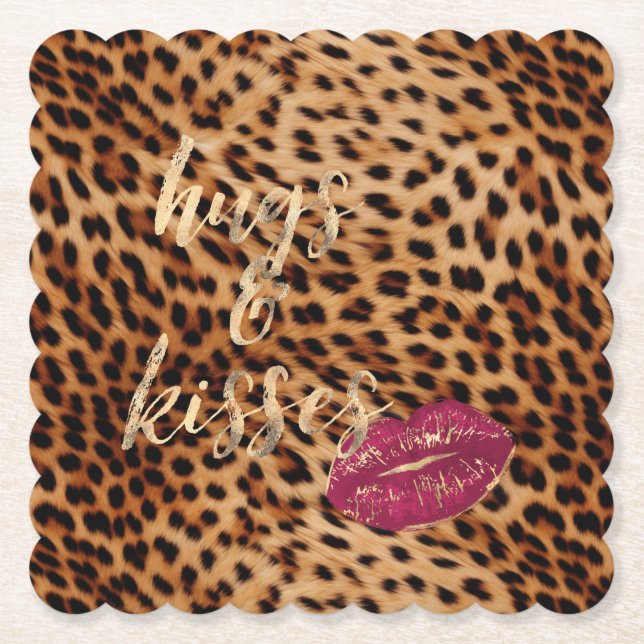 Girly Glam Leopard Hugs & Kisses Lips Paper Coaster (Front)