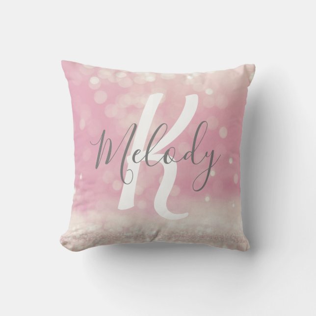 Girly Glam Light Pink Sparkles Monogram Name Cushion (Front)