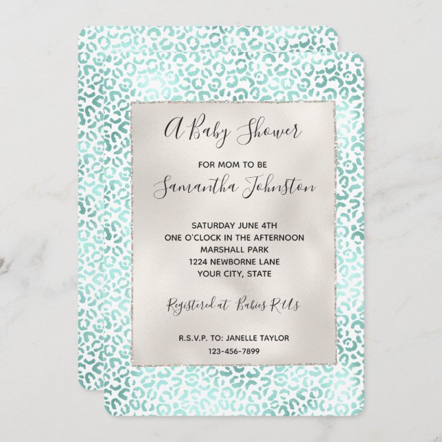 Girly Glam Mint Leopard Print Invitation (Front/Back)