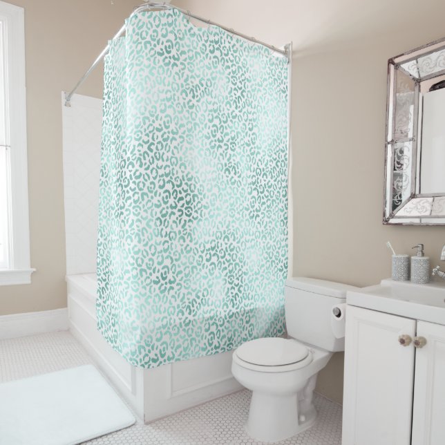 Girly Glam Mint Leopard Print Shower Curtain (In Situ)