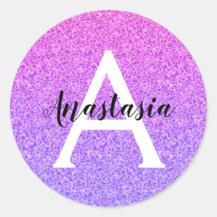 Girly Glam Ombre Purple Glitter Sparkles Monogram Classic Round Sticker