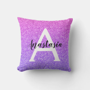 Girly Glam Ombre Purple Glitter Sparkles Monogram Cushion