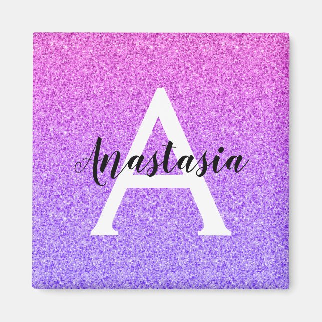 Girly Glam Ombre Purple Glitter Sparkles Monogram Magnet (Front)