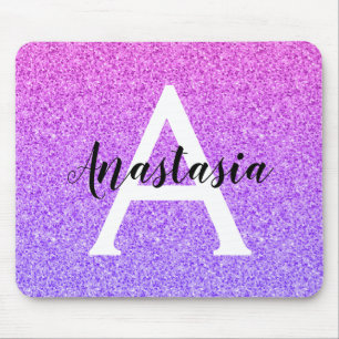 Girly Glam Ombre Purple Glitter Sparkles Monogram Mouse Pad