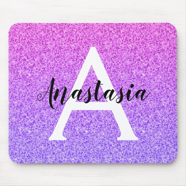 Girly Glam Ombre Purple Glitter Sparkles Monogram Mouse Pad (Front)