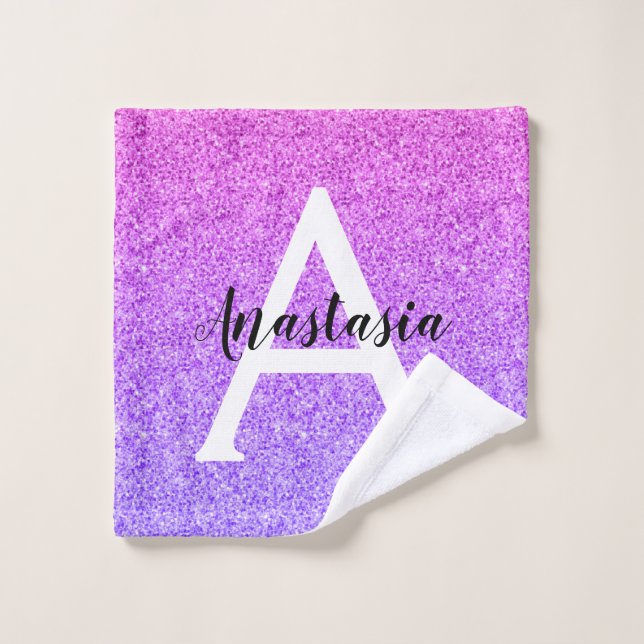 Girly Glam Ombre Purple Glitter Sparkles Monogram Wash Cloth (Wash Cloth)
