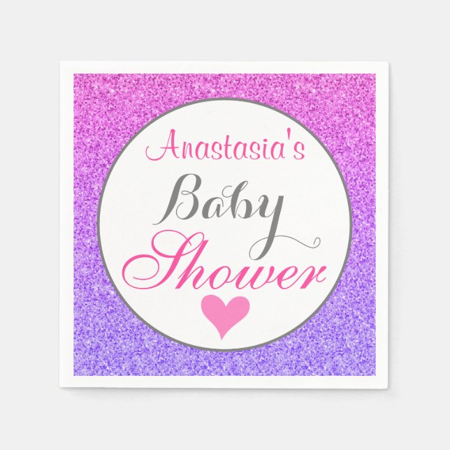 Girly & Glam Ombre Purple Pink Glitter Baby Shower Napkin (Front)