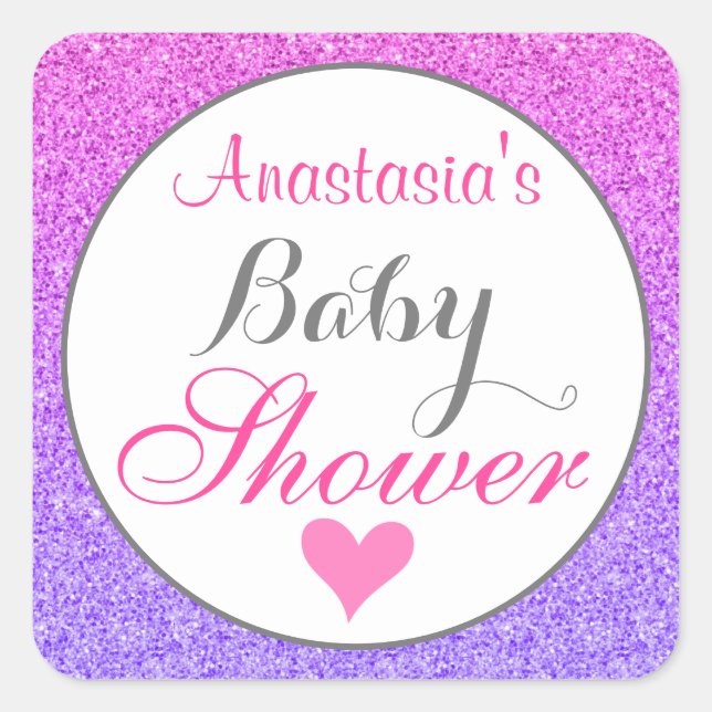 Girly & Glam Ombre Purple Pink Glitter Baby Shower Square Sticker (Front)