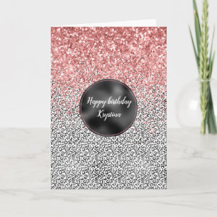 Girly Glam Pink Black White Leopard Print Glitter Card
