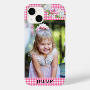 Girly Glam Pink Gingham Check Floral Case-Mate iPhone 14 Case