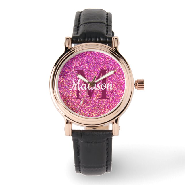 Girly Glam Pink Glitter Chic Monogram Name Watch (Front)