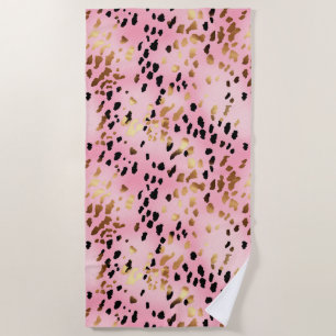 Girly Glam Pink Gold Black Leopard Print Beach Towel