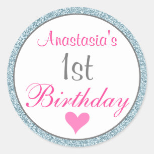 Girly Glam Pink & Light Blue Glitter 1st Birthday Classic Round Sticker