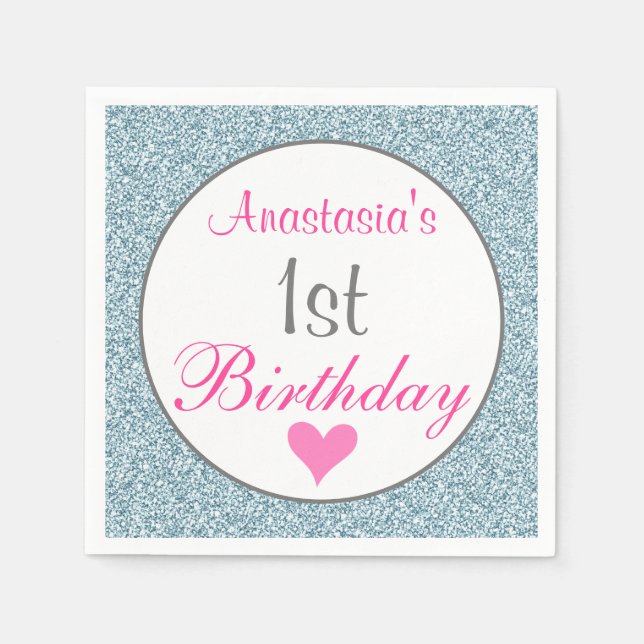 Girly Glam Pink & Light Blue Glitter 1st Birthday Napkin (Front)