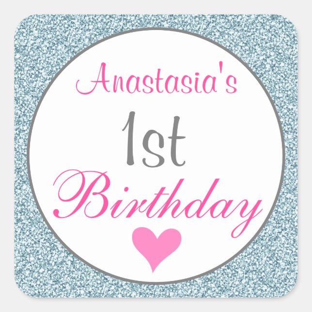 Girly Glam Pink & Light Blue Glitter 1st Birthday Square Sticker (Front)