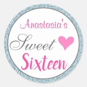 Girly & Glam Pink Light Blue Glitter Sweet Sixteen Classic Round Sticker