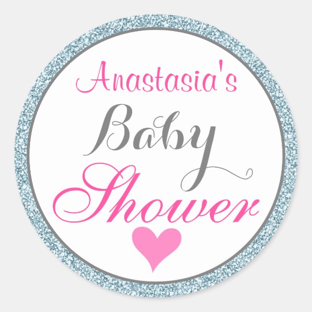 Girly Glam Pink Light Sky Blue Glitter Baby Shower Classic Round Sticker (Front)