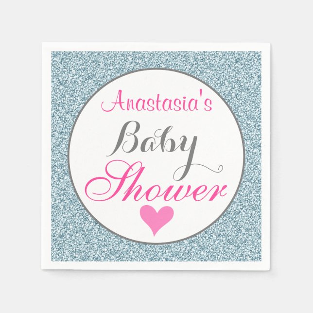 Girly Glam Pink Light Sky Blue Glitter Baby Shower Napkin (Front)