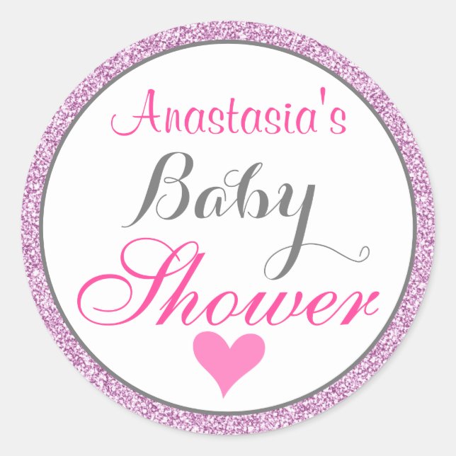 Girly & Glam Pink Lilac Purple Glitter Baby Shower Classic Round Sticker (Front)