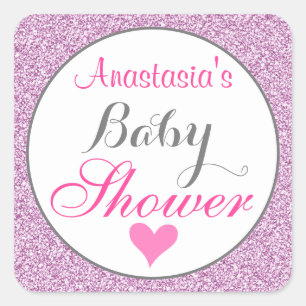 Girly & Glam Pink Lilac Purple Glitter Baby Shower Square Sticker