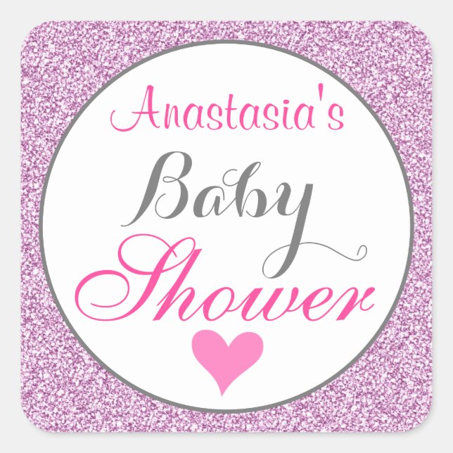Girly & Glam Pink Lilac Purple Glitter Baby Shower Square Sticker (Front)