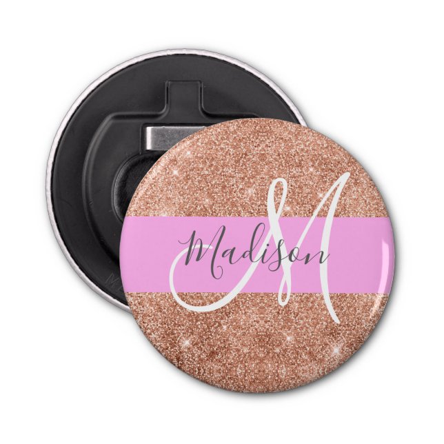 Girly Glam Pink Peach Gold Glitter Monogram Name Bottle Opener (Front)