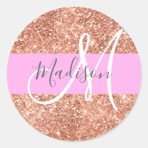Girly Glam Pink Peach Gold Glitter Monogram Name Classic Round Sticker