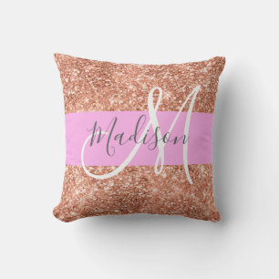 Girly Glam Pink Peach Gold Glitter Monogram Name Cushion