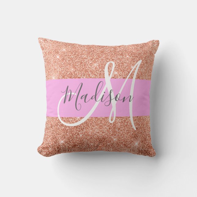 Girly Glam Pink Peach Gold Glitter Monogram Name Cushion (Front)