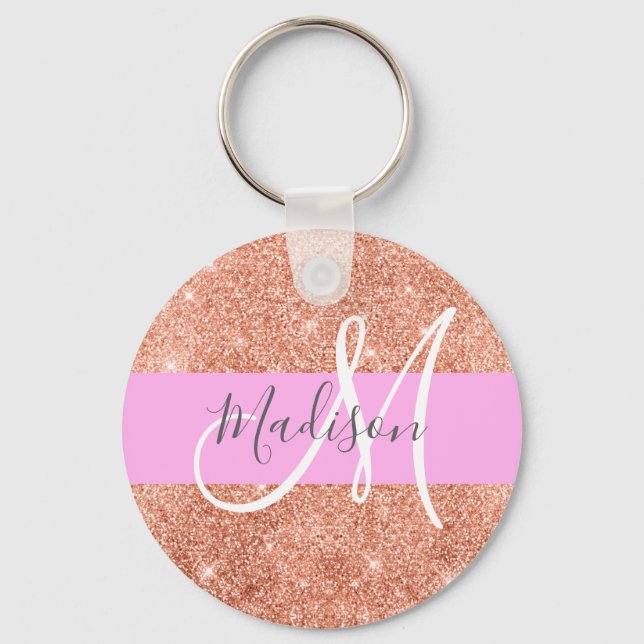 Girly Glam Pink Peach Gold Glitter Monogram Name Key Ring (Front)