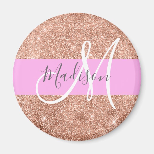 Girly Glam Pink Peach Gold Glitter Monogram Name Magnet (Front)