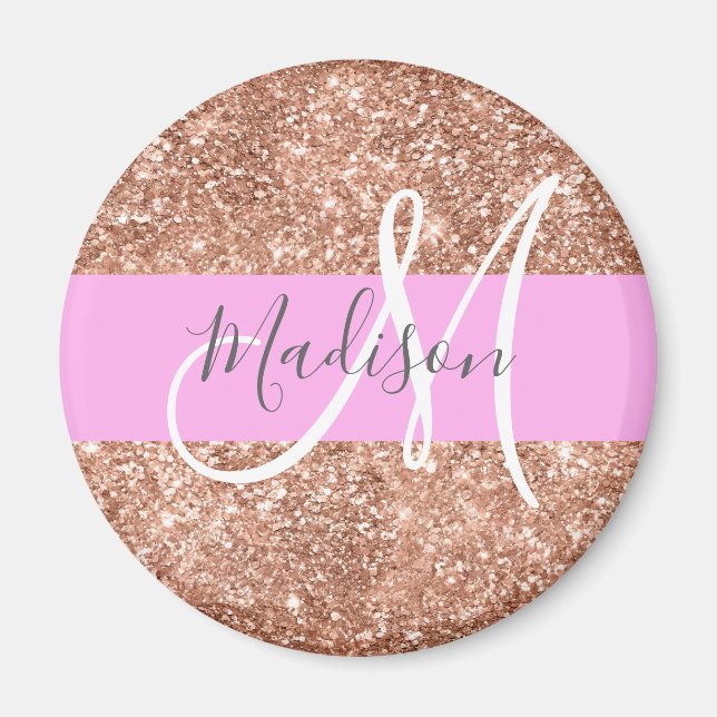 Girly Glam Pink Peach Gold Glitter Monogram Name Magnet (Front)