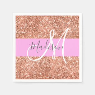 Girly Glam Pink Peach Gold Glitter Monogram Name Napkin