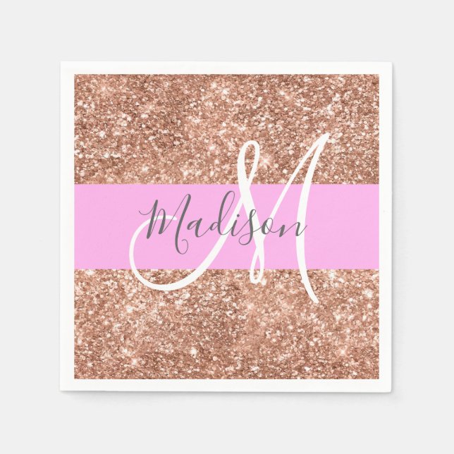 Girly Glam Pink Peach Gold Glitter Monogram Name Napkin (Front)
