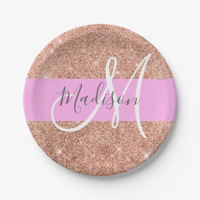 Girly Glam Pink Peach Gold Glitter Monogram Name Paper Plate (Front)