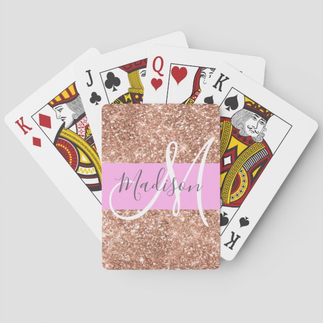 Girly Glam Pink Peach Gold Glitter Monogram Name Playing Cards (Back)