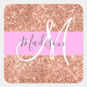 Girly Glam Pink Peach Gold Glitter Monogram Name Square Sticker