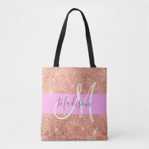 Girly Glam Pink Peach Gold Glitter Monogram Name Tote Bag