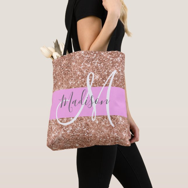 Girly Glam Pink Peach Gold Glitter Monogram Name Tote Bag (Close Up)