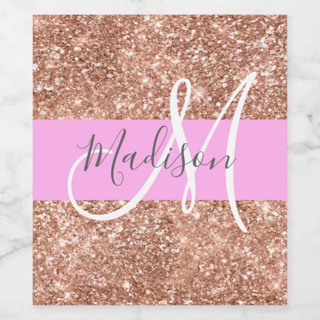 Girly Glam Pink Peach Gold Glitter Monogram Name Wine Label (Single Label)