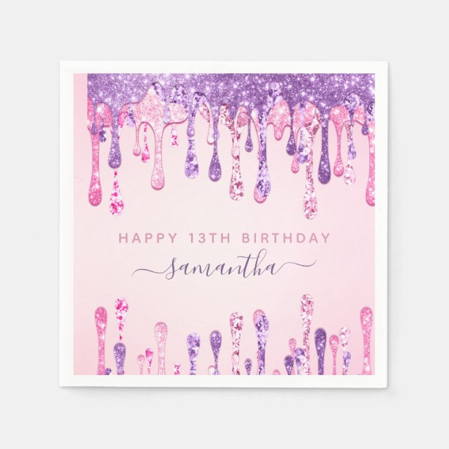 Girly Glam Pink Purple Glitter Drip 13th Birthday  Napkin (Front)