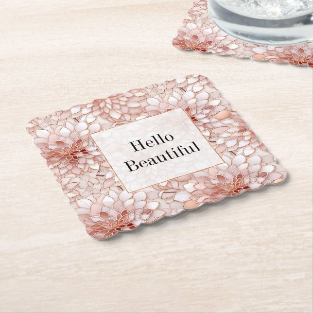 Girly Glam Pink Rose Gold Floral Paper Coaster (Angled)