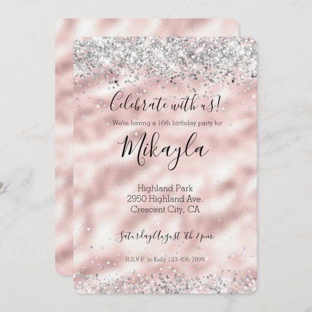 Girly Glam Pink Silver Glitter Sparkle Confetti Invitation (Front/Back)