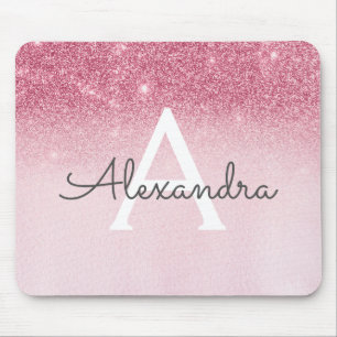 Girly Glam Pink Sparkle Glitter Monogram Mouse Pad