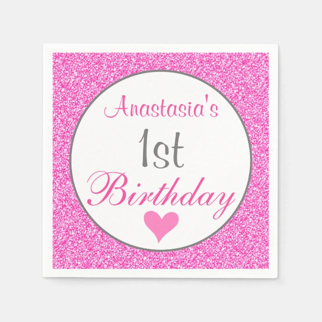 Girly Glam Princess Hot Pink Glitter 1st Birthday Napkin (Front)