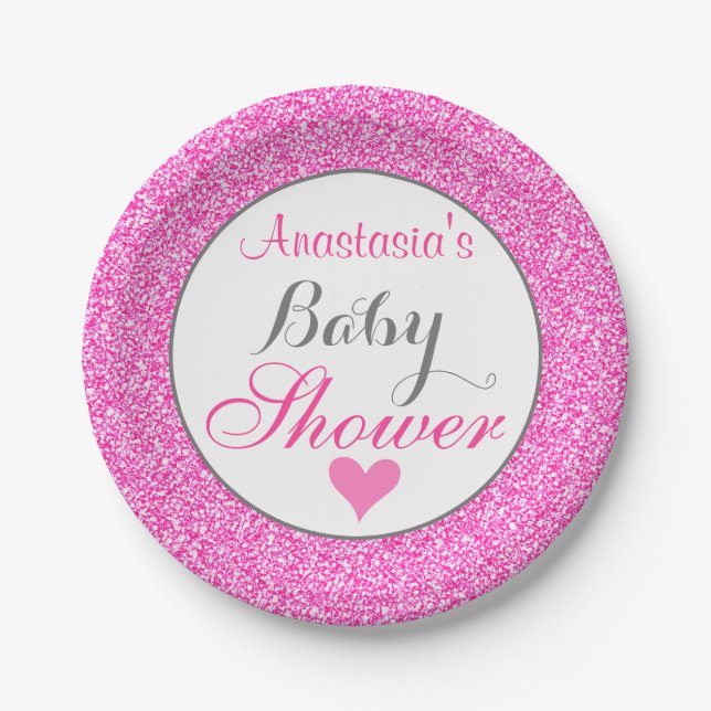 Girly & Glam Princess Hot Pink Glitter Baby Shower Paper Plate (Front)