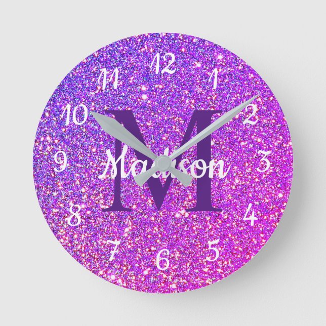 Girly Glam Purple Glitter Monogram Personalised Round Clock (Front)